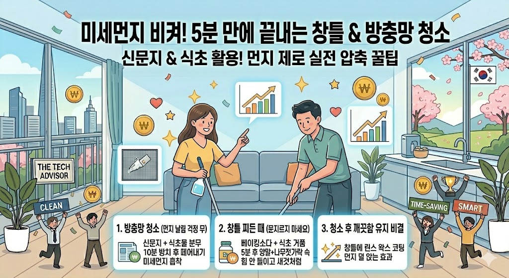 미세먼지 비켜! 5분 만에 끝내는 초초초간단 창틀 & 방충망 청소 꿀팁 (신문지 & 식초 활용)